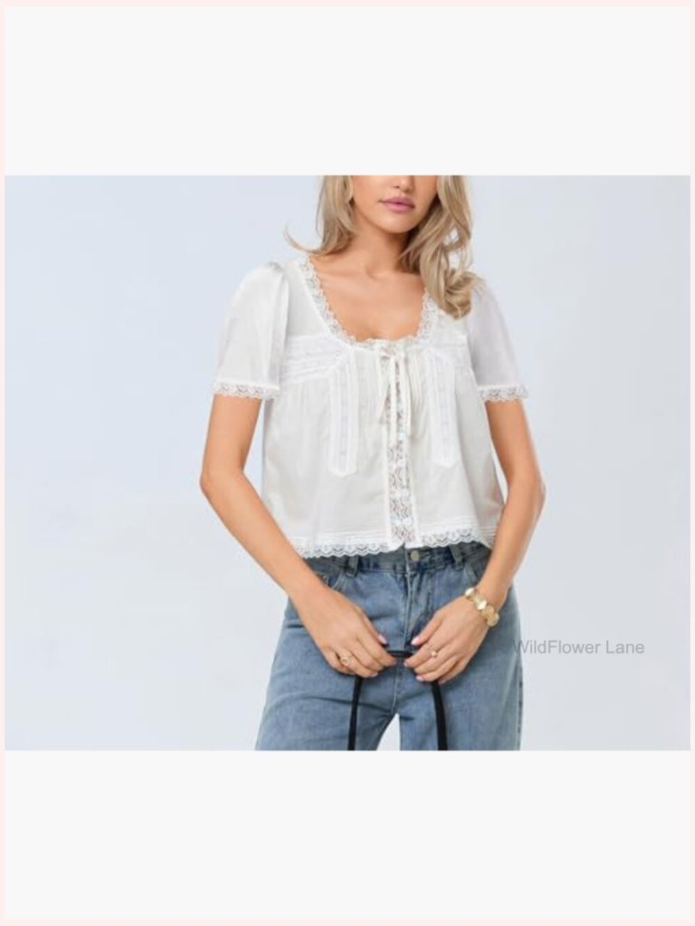 Lace Button Up Short Sleeve Sheer Ruffle Blouse Y2K Going Out Top - Picture 3 of 4